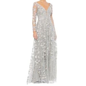 Mac Duggal Floral Applique Long Sleeve Illusion Maxi Foraml Gown In Platinum